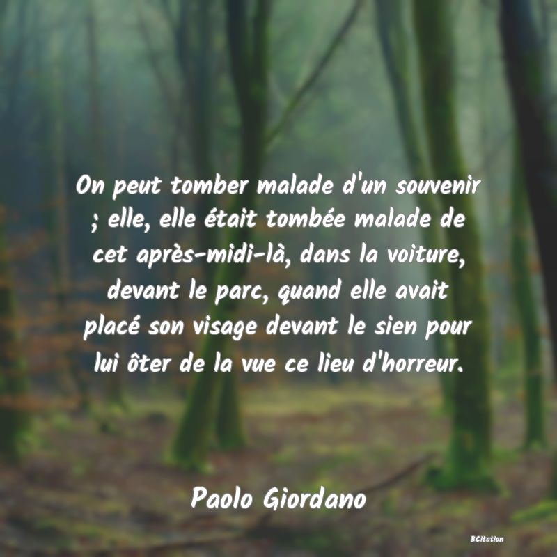 image de citation: On peut tomber malade d'un souvenir ; elle, elle était tombée malade de cet après-midi-là, dans la voiture, devant le parc, quand elle avait placé son visage devant le sien pour lui ôter de la vue ce lieu d'horreur.