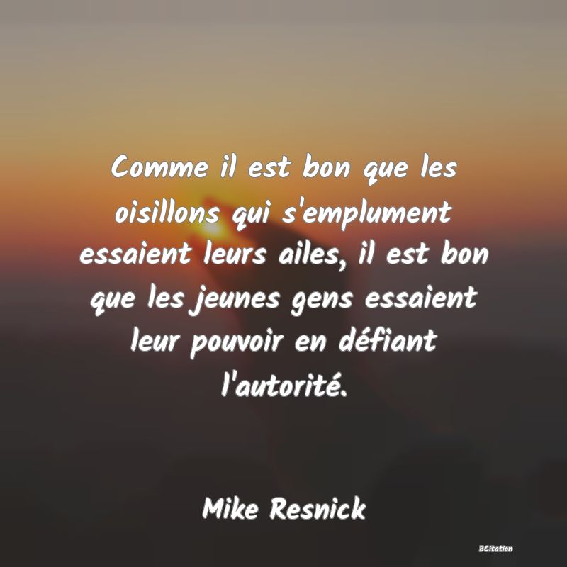 Belle Citation - Comme il est bon que les oisillons qui s'emplument essaient leurs ailes, il est bon que les jeunes gens essaient leur pouvoir en défiant l'autorité. - Mike Resnick