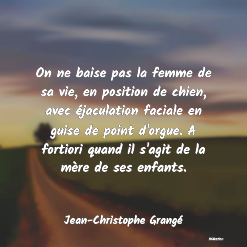 Belle Citation - On ne baise pas la femme de sa vie, en position de chien, avec éjaculation faciale en guise de point d'orgue. A fortiori quand il s'agit de la mère de ses enfants. - Jean-Christophe Grangé
