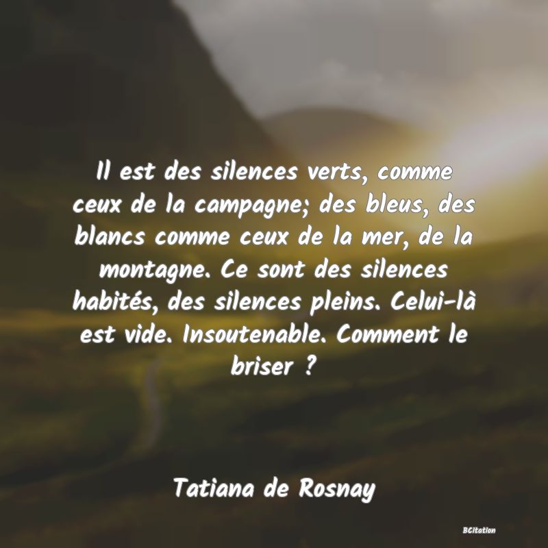 image de citation: Il est des silences verts, comme ceux de la campagne; des bleus, des blancs comme ceux de la mer, de la montagne. Ce sont des silences habités, des silences pleins. Celui-là est vide. Insoutenable. Comment le briser ?