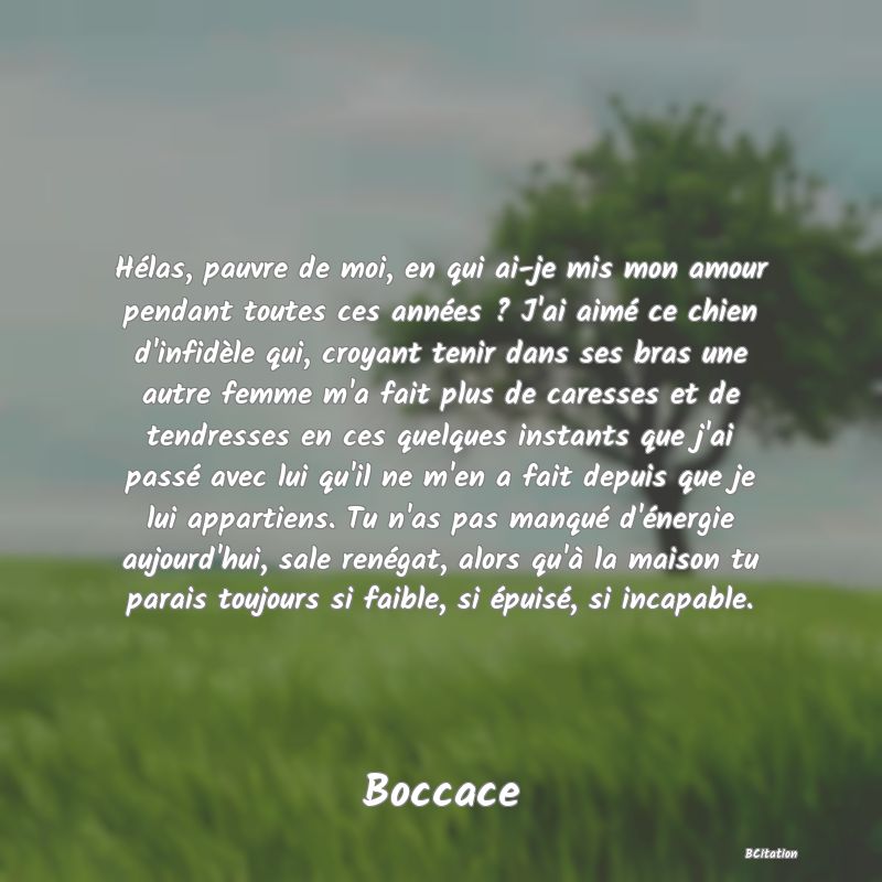 Belle Citation - Hélas, pauvre de moi, en qui ai-je mis mon amour pendant toutes ces années ? J'ai aimé ce chien d'infidèle qui, croyant tenir dans ses bras une autre femme m'a fait plus de caresses et de tendresses en ces quelques instants que j'ai passé avec lui qu'il ne m'en a fait depuis que je lui appartiens. Tu n'as pas manqué d'énergie aujourd'hui, sale renégat, alors qu'à la maison tu parais toujours si faible, si épuisé, si incapable. - Boccace