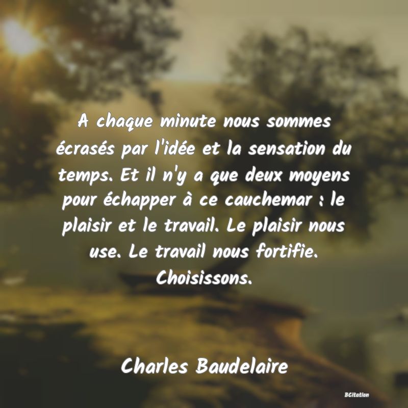 image de citation: A chaque minute nous sommes écrasés par l'idée et la sensation du temps. Et il n'y a que deux moyens pour échapper à ce cauchemar : le plaisir et le travail. Le plaisir nous use. Le travail nous fortifie. Choisissons.