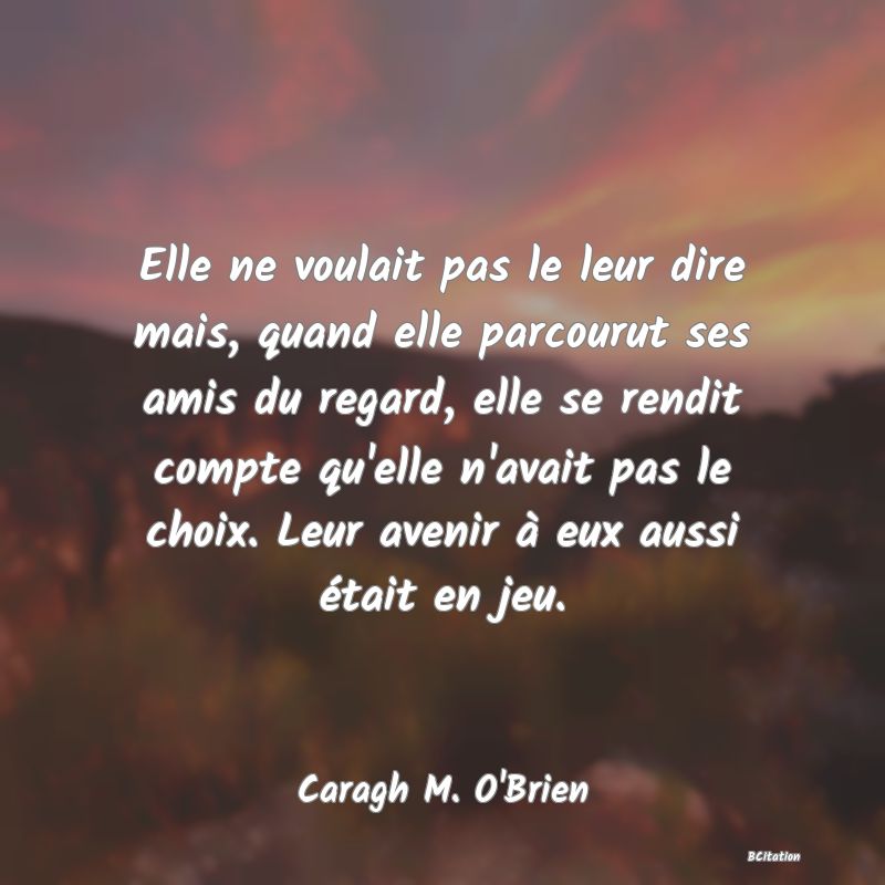 Belle Citation - Elle ne voulait pas le leur dire mais, quand elle parcourut ses amis du regard, elle se rendit compte qu'elle n'avait pas le choix. Leur avenir à eux aussi était en jeu. - Caragh M. O'Brien