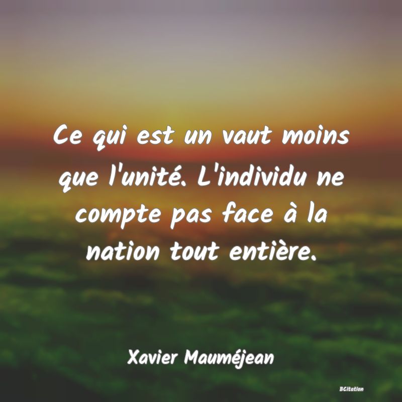 image de citation: Ce qui est un vaut moins que l'unité. L'individu ne compte pas face à la nation tout entière.