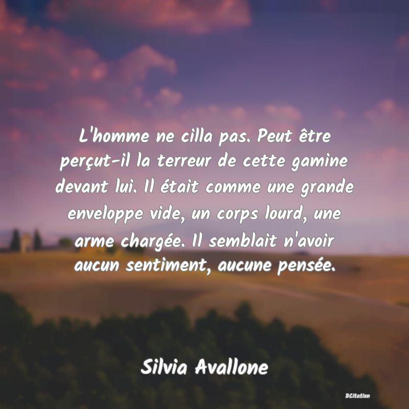 image de citation: L'homme ne cilla pas. Peut être perçut-il la terreur de cette gamine devant lui. Il était comme une grande enveloppe vide, un corps lourd, une arme chargée. Il semblait n'avoir aucun sentiment, aucune pensée.