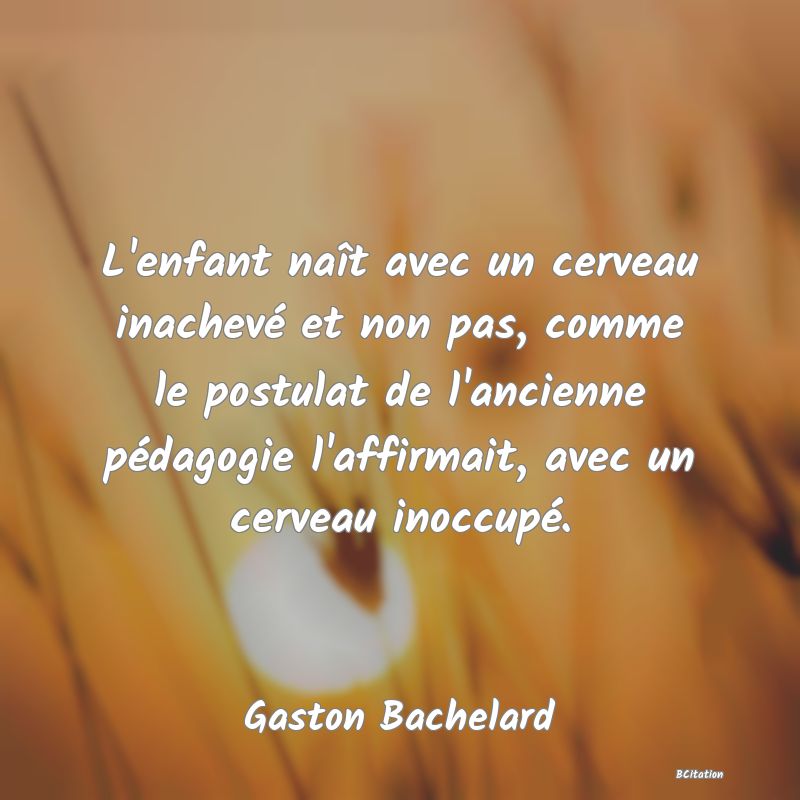 image de citation: L'enfant naît avec un cerveau inachevé et non pas, comme le postulat de l'ancienne pédagogie l'affirmait, avec un cerveau inoccupé.