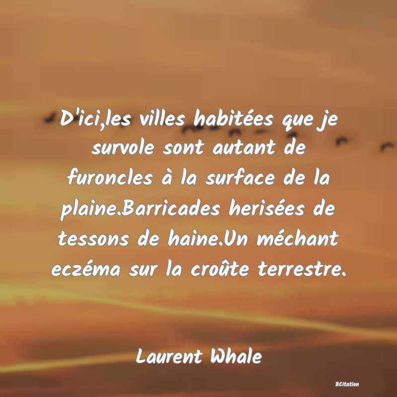 image de citation: D'ici,les villes habitées que je survole sont autant de furoncles à la surface de la plaine.Barricades herisées de tessons de haine.Un méchant eczéma sur la croûte terrestre.