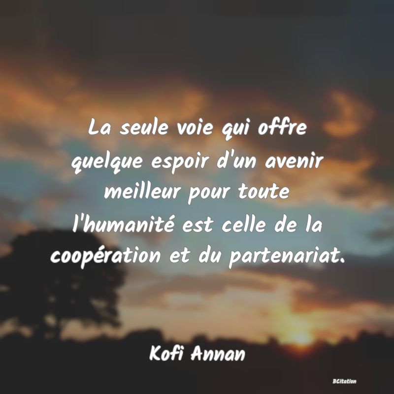 image de citation: La seule voie qui offre quelque espoir d'un avenir meilleur pour toute l'humanité est celle de la coopération et du partenariat.