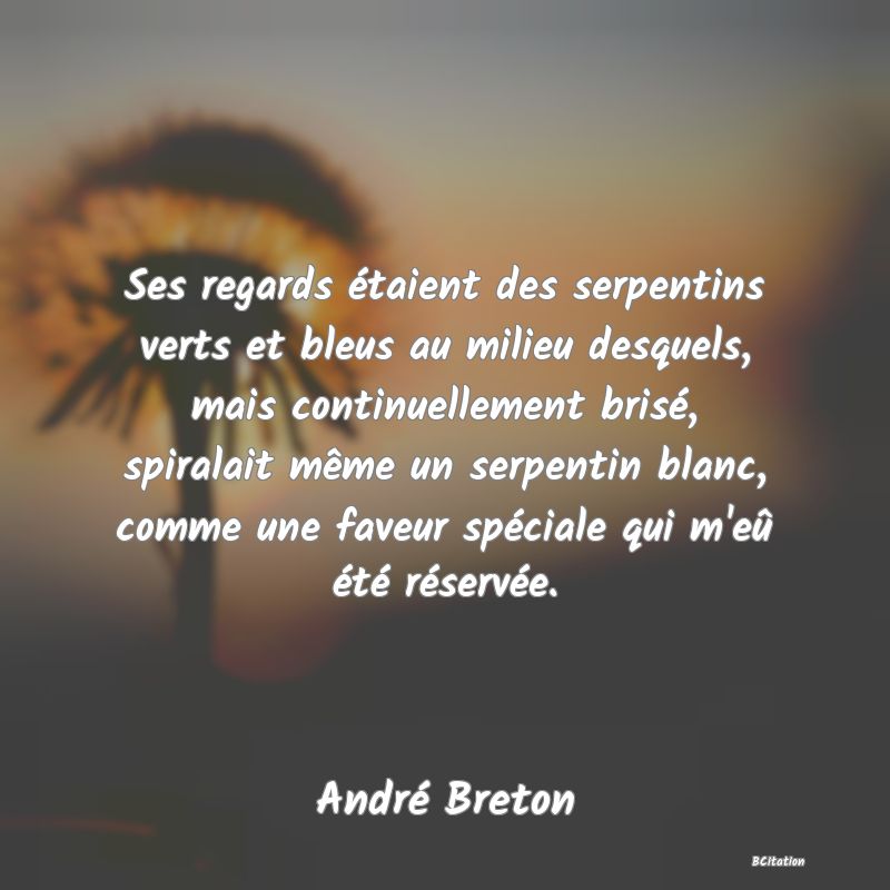 image de citation: Ses regards étaient des serpentins verts et bleus au milieu desquels, mais continuellement brisé, spiralait même un serpentin blanc, comme une faveur spéciale qui m'eû été réservée.