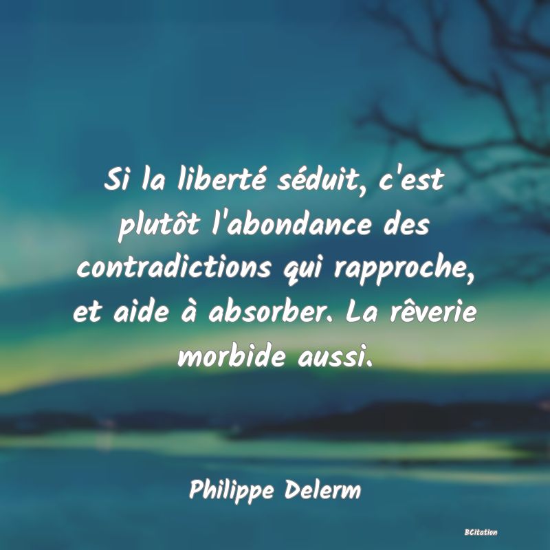 image de citation: Si la liberté séduit, c'est plutôt l'abondance des contradictions qui rapproche, et aide à absorber. La rêverie morbide aussi.