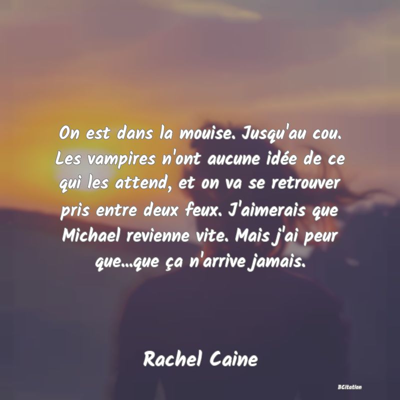 image de citation: On est dans la mouise. Jusqu'au cou. Les vampires n'ont aucune idée de ce qui les attend, et on va se retrouver pris entre deux feux. J'aimerais que Michael revienne vite. Mais j'ai peur que...que ça n'arrive jamais.