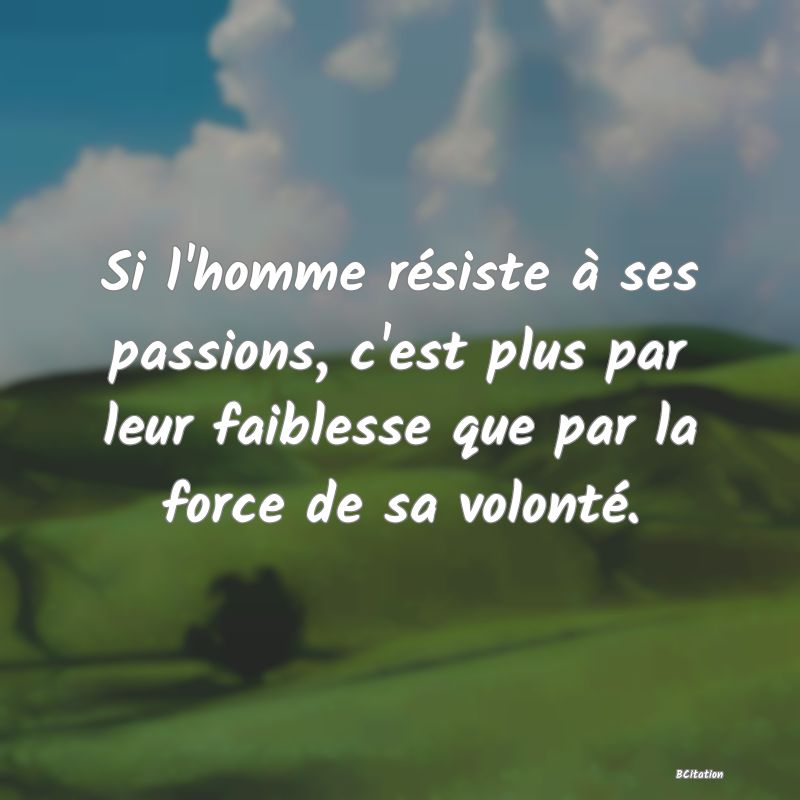 image de citation: Si l'homme résiste à ses passions, c'est plus par leur faiblesse que par la force de sa volonté.
