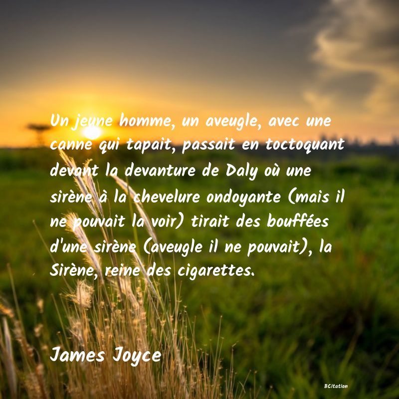 Belle Citation - Un jeune homme, un aveugle, avec une canne qui tapait, passait en toctoquant devant la devanture de Daly où une sirène à la chevelure ondoyante (mais il ne pouvait la voir) tirait des bouffées d'une sirène (aveugle il ne pouvait), la Sirène, reine des cigarettes. - James Joyce