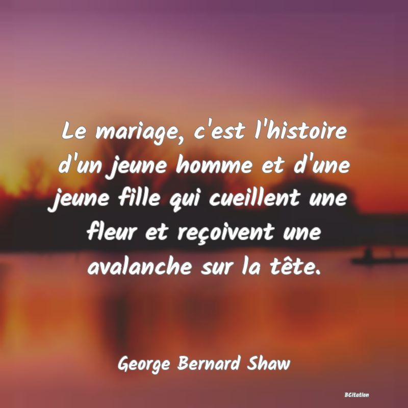 image de citation: Le mariage, c'est l'histoire d'un jeune homme et d'une jeune fille qui cueillent une fleur et reçoivent une avalanche sur la tête.