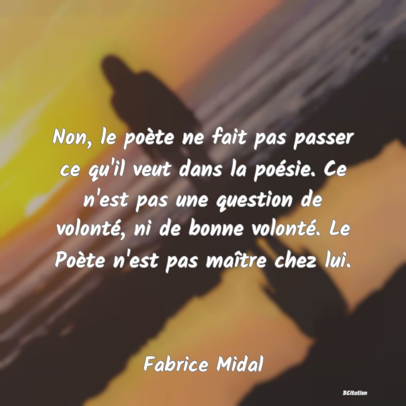 image de citation: Non, le poète ne fait pas passer ce qu'il veut dans la poésie. Ce n'est pas une question de volonté, ni de bonne volonté. Le Poète n'est pas maître chez lui.