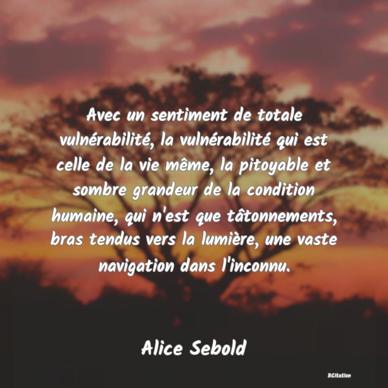 image de citation: Avec un sentiment de totale vulnérabilité, la vulnérabilité qui est celle de la vie même, la pitoyable et sombre grandeur de la condition humaine, qui n'est que tâtonnements, bras tendus vers la lumière, une vaste navigation dans l'inconnu.