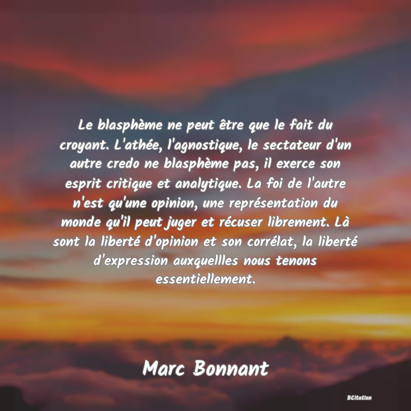 image de citation: Le blasphème ne peut être que le fait du croyant. L'athée, l'agnostique, le sectateur d'un autre credo ne blasphème pas, il exerce son esprit critique et analytique. La foi de l'autre n'est qu'une opinion, une représentation du monde qu'il peut juger et récuser librement. Là sont la liberté d'opinion et son corrélat, la liberté d'expression auxquellles nous tenons essentiellement.