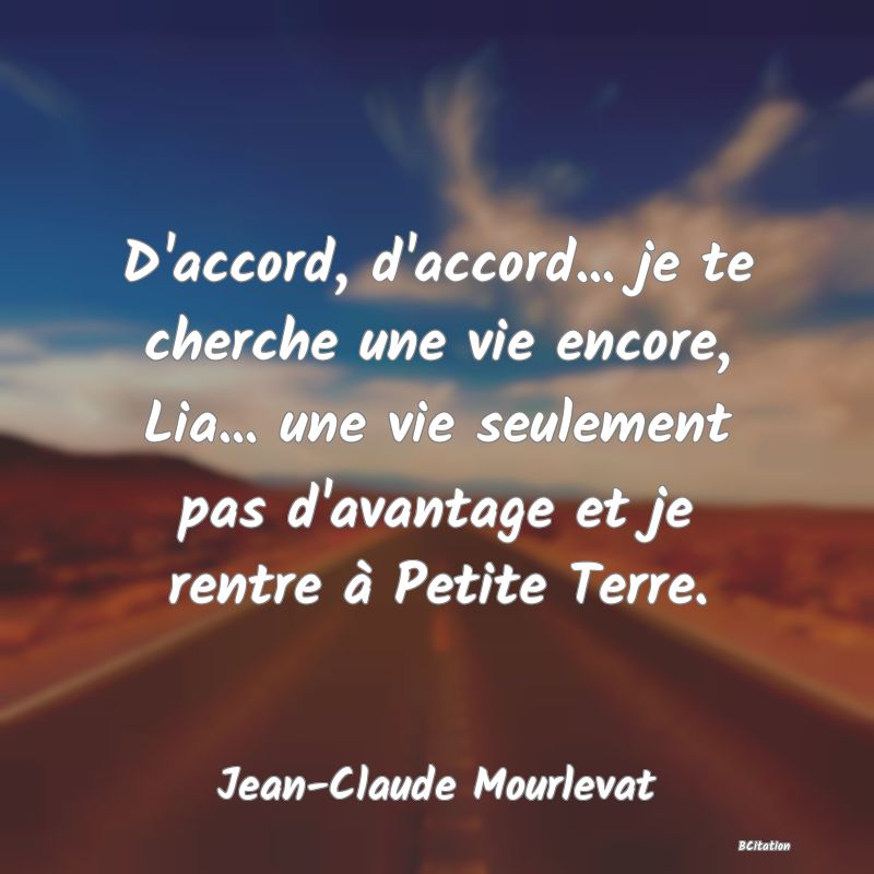 image de citation: D'accord, d'accord... je te cherche une vie encore, Lia... une vie seulement pas d'avantage et je rentre à Petite Terre.