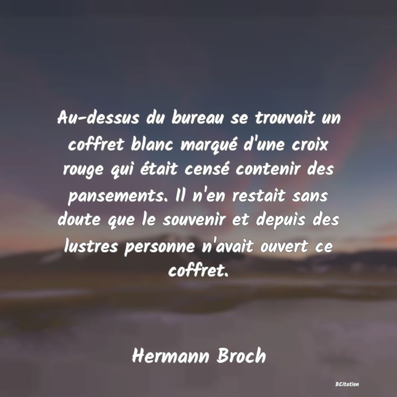 image de citation: Au-dessus du bureau se trouvait un coffret blanc marqué d'une croix rouge qui était censé contenir des pansements. Il n'en restait sans doute que le souvenir et depuis des lustres personne n'avait ouvert ce coffret.