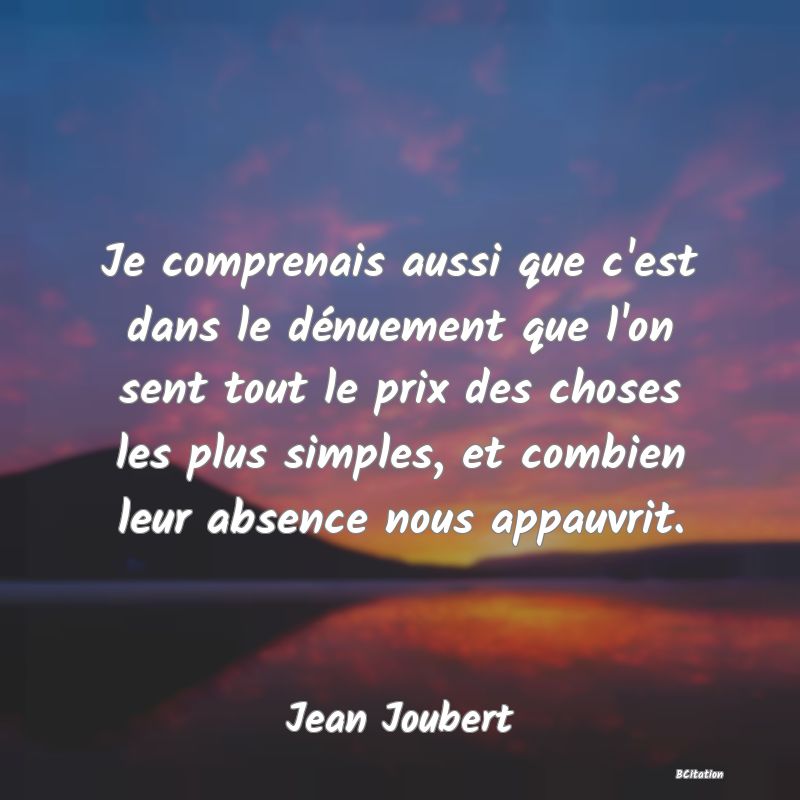 image de citation: Je comprenais aussi que c'est dans le dénuement que l'on sent tout le prix des choses les plus simples, et combien leur absence nous appauvrit.