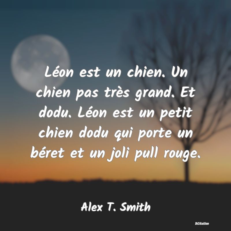 image de citation: Léon est un chien. Un chien pas très grand. Et dodu. Léon est un petit chien dodu qui porte un béret et un joli pull rouge.