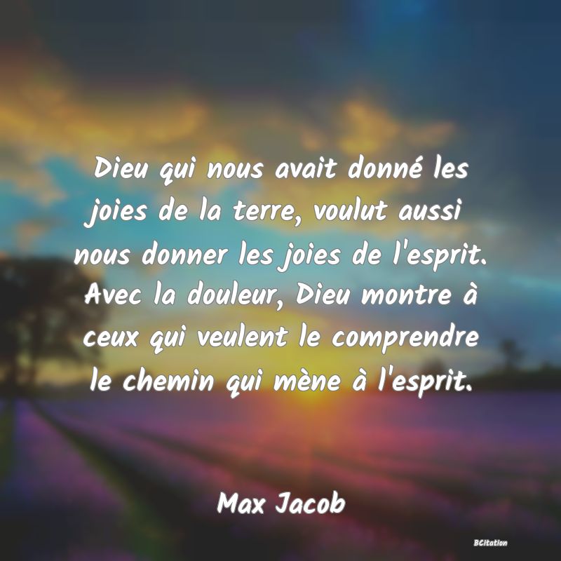 image de citation: Dieu qui nous avait donné les joies de la terre, voulut aussi nous donner les joies de l'esprit. Avec la douleur, Dieu montre à ceux qui veulent le comprendre le chemin qui mène à l'esprit.