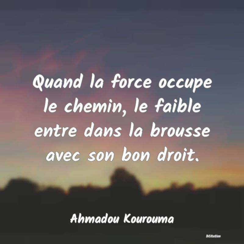 image de citation: Quand la force occupe le chemin, le faible entre dans la brousse avec son bon droit.