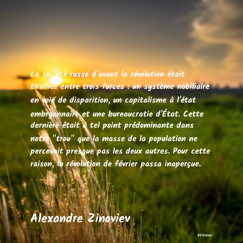 image de citation: La société russe d'avant la révolution était tiraillée entre trois forces : un système nobiliaire en voie de disparition, un capitalisme à l'état embryonnaire et une bureaucratie d'État. Cette dernière était à tel point prédominante dans notre  trou  que la masse de la population ne percevait presque pas les deux autres. Pour cette raison, la révolution de février passa inaperçue.