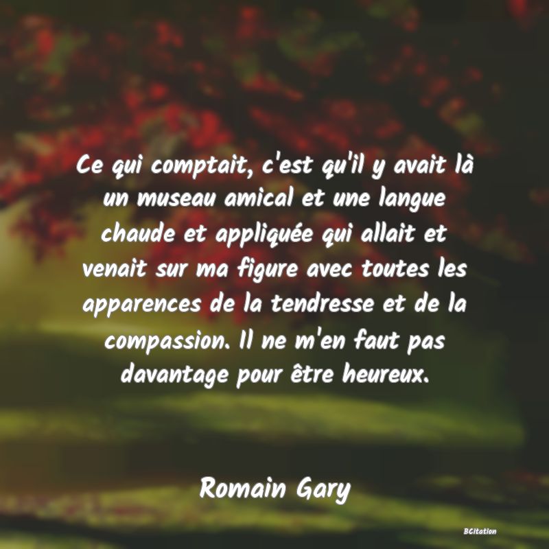 Belle Citation - Ce qui comptait, c'est qu'il y avait là un museau amical et une langue chaude et appliquée qui allait et venait sur ma figure avec toutes les apparences de la tendresse et de la compassion. Il ne m'en faut pas davantage pour être heureux. - Romain Gary