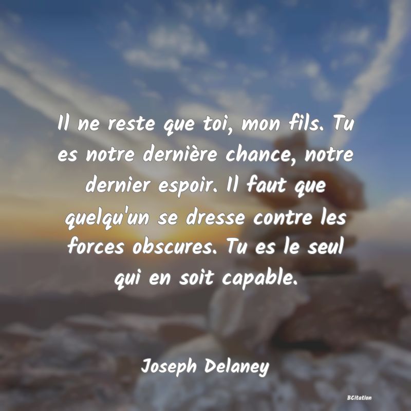 image de citation: Il ne reste que toi, mon fils. Tu es notre dernière chance, notre dernier espoir. Il faut que quelqu'un se dresse contre les forces obscures. Tu es le seul qui en soit capable.