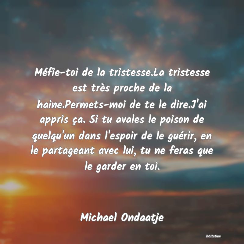 image de citation: Méfie-toi de la tristesse.La tristesse est très proche de la haine.Permets-moi de te le dire.J'ai appris ça. Si tu avales le poison de quelqu'un dans l'espoir de le guérir, en le partageant avec lui, tu ne feras que le garder en toi.