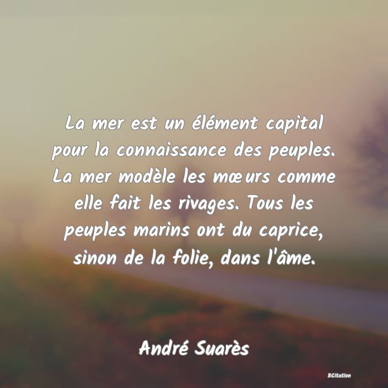 image de citation: La mer est un élément capital pour la connaissance des peuples. La mer modèle les mœurs comme elle fait les rivages. Tous les peuples marins ont du caprice, sinon de la folie, dans l'âme.