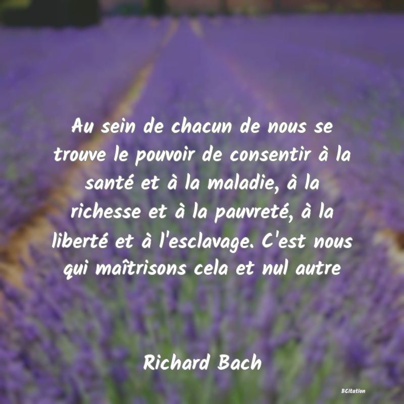 image de citation: Au sein de chacun de nous se trouve le pouvoir de consentir à la santé et à la maladie, à la richesse et à la pauvreté, à la liberté et à l'esclavage. C'est nous qui maîtrisons cela et nul autre