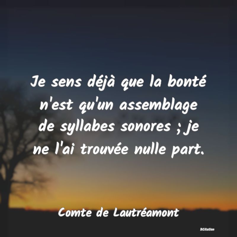 Belle Citation - Je sens déjà que la bonté n'est qu'un assemblage de syllabes sonores ; je ne l'ai trouvée nulle part. - Comte de Lautréamont