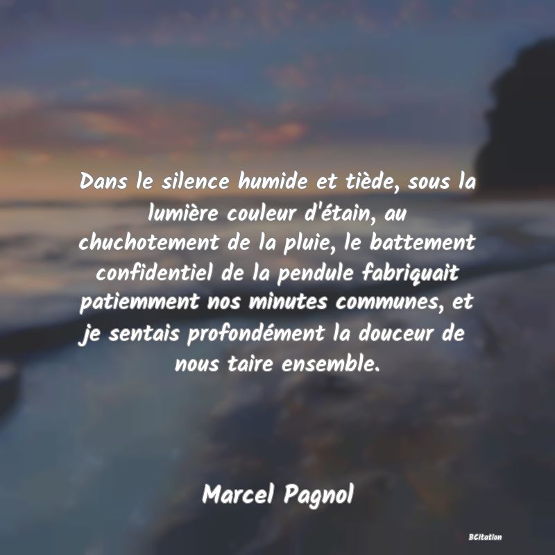 image de citation: Dans le silence humide et tiède, sous la lumière couleur d'étain, au chuchotement de la pluie, le battement confidentiel de la pendule fabriquait patiemment nos minutes communes, et je sentais profondément la douceur de nous taire ensemble.