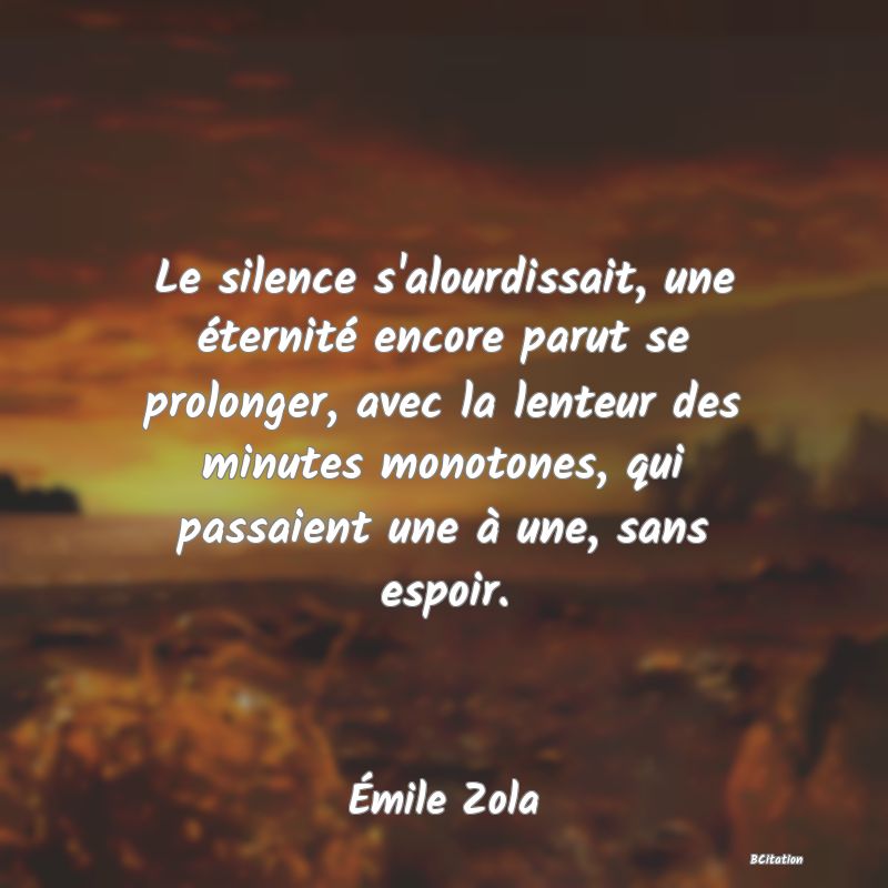 image de citation: Le silence s'alourdissait, une éternité encore parut se prolonger, avec la lenteur des minutes monotones, qui passaient une à une, sans espoir.