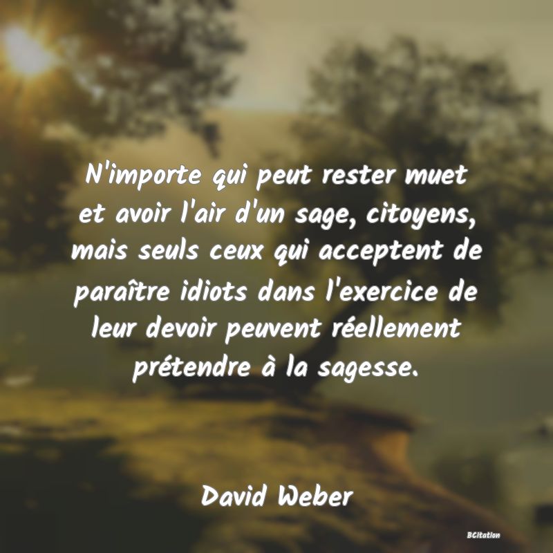 image de citation: N'importe qui peut rester muet et avoir l'air d'un sage, citoyens, mais seuls ceux qui acceptent de paraître idiots dans l'exercice de leur devoir peuvent réellement prétendre à la sagesse.