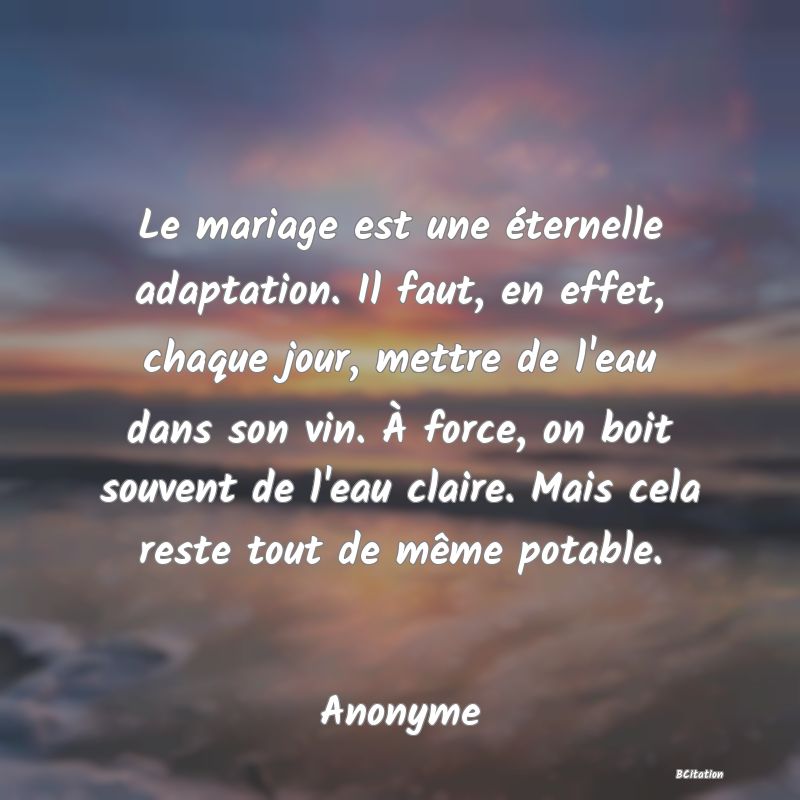 Belle Citation - Le mariage est une éternelle adaptation. Il faut, en effet, chaque jour, mettre de l'eau dans son vin. À force, on boit souvent de l'eau claire. Mais cela reste tout de même potable. - Anonyme