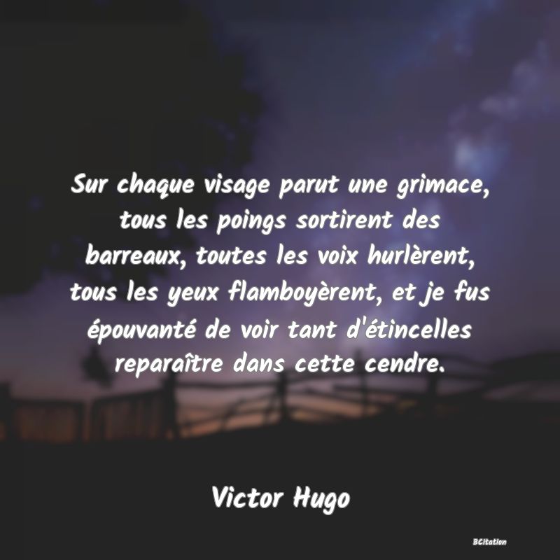 image de citation: Sur chaque visage parut une grimace, tous les poings sortirent des barreaux, toutes les voix hurlèrent, tous les yeux flamboyèrent, et je fus épouvanté de voir tant d'étincelles reparaître dans cette cendre.