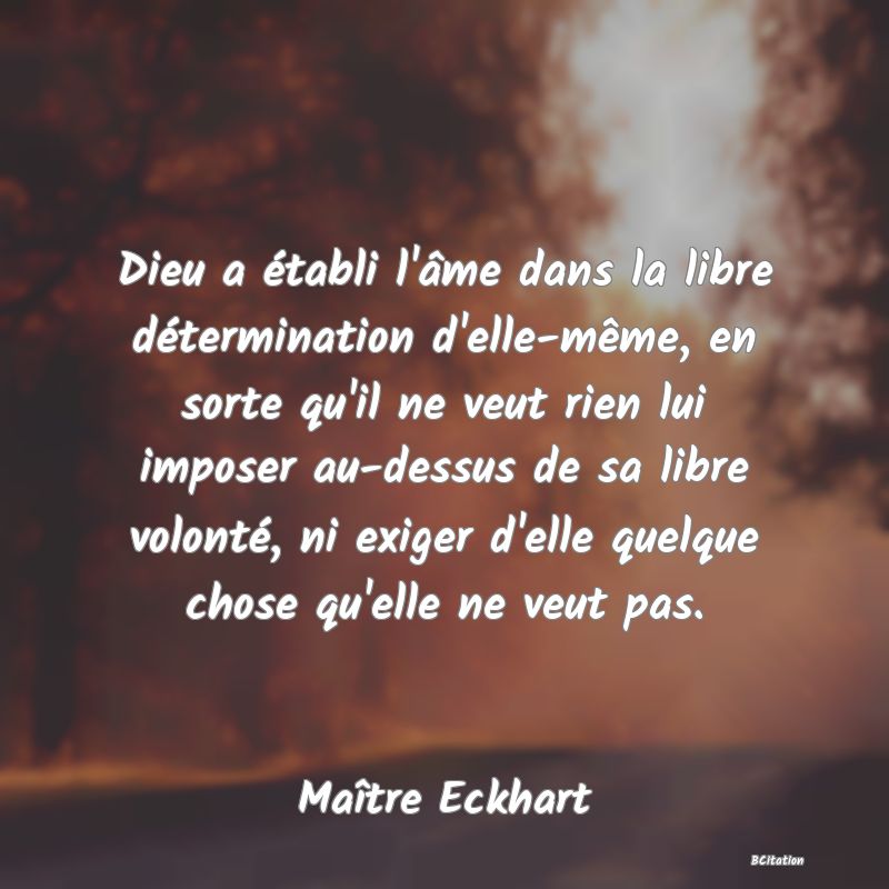 image de citation: Dieu a établi l'âme dans la libre détermination d'elle-même, en sorte qu'il ne veut rien lui imposer au-dessus de sa libre volonté, ni exiger d'elle quelque chose qu'elle ne veut pas.