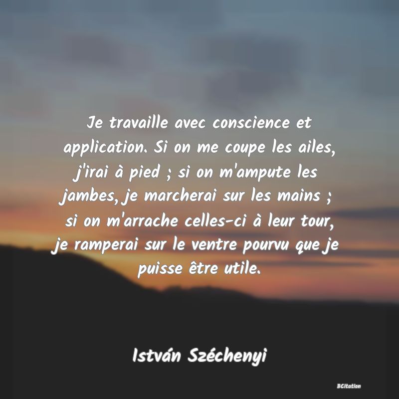 image de citation: Je travaille avec conscience et application. Si on me coupe les ailes, j'irai à pied ; si on m'ampute les jambes, je marcherai sur les mains ; si on m'arrache celles-ci à leur tour, je ramperai sur le ventre pourvu que je puisse être utile.