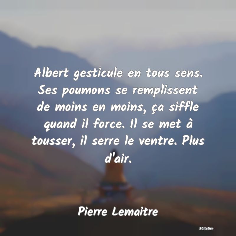 image de citation: Albert gesticule en tous sens. Ses poumons se remplissent de moins en moins, ça siffle quand il force. Il se met à tousser, il serre le ventre. Plus d'air.