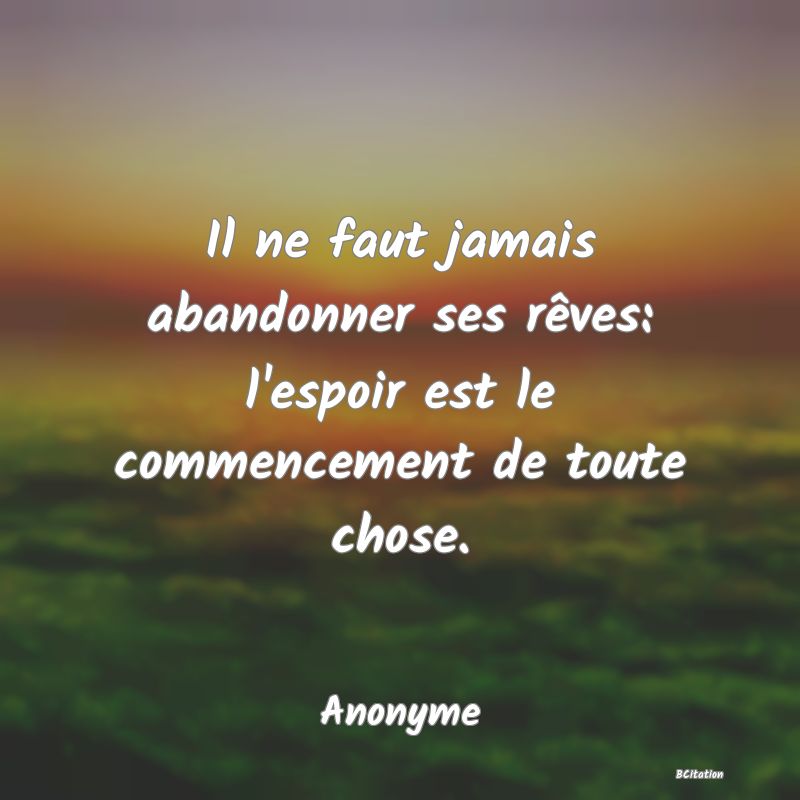 image de citation: Il ne faut jamais abandonner ses rêves: l'espoir est le commencement de toute chose.