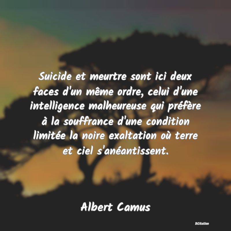 image de citation: Suicide et meurtre sont ici deux faces d'un même ordre, celui d'une intelligence malheureuse qui préfère à la souffrance d'une condition limitée la noire exaltation où terre et ciel s'anéantissent.