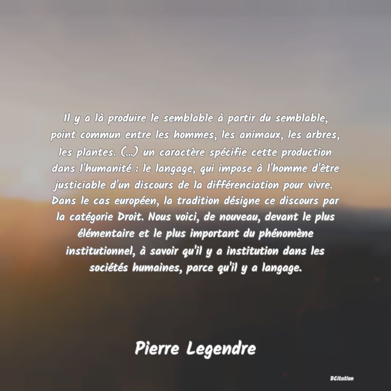 image de citation: Il y a là produire le semblable à partir du semblable, point commun entre les hommes, les animaux, les arbres, les plantes. (...) un caractère spécifie cette production dans l'humanité : le langage, qui impose à l'homme d'être justiciable d'un discours de la différenciation pour vivre. Dans le cas européen, la tradition désigne ce discours par la catégorie Droit. Nous voici, de nouveau, devant le plus élémentaire et le plus important du phénomène institutionnel, à savoir qu'il y a institution dans les sociétés humaines, parce qu'il y a langage.