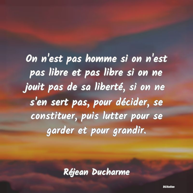 Belle Citation - On n'est pas homme si on n'est pas libre et pas libre si on ne jouit pas de sa liberté, si on ne s'en sert pas, pour décider, se constituer, puis lutter pour se garder et pour grandir. - Réjean Ducharme