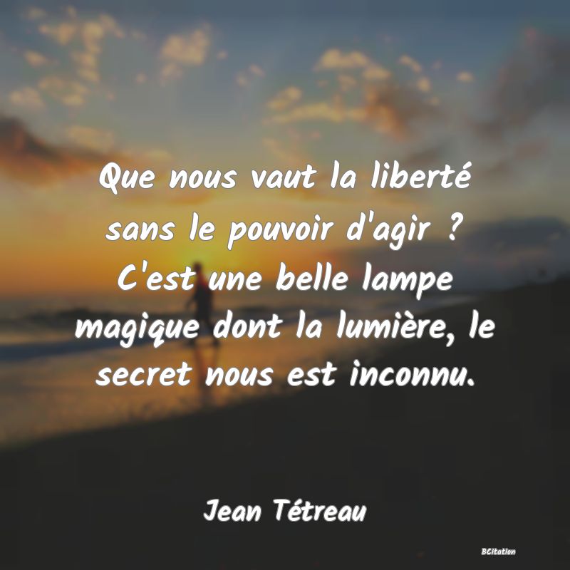 image de citation: Que nous vaut la liberté sans le pouvoir d'agir ? C'est une belle lampe magique dont la lumière, le secret nous est inconnu.