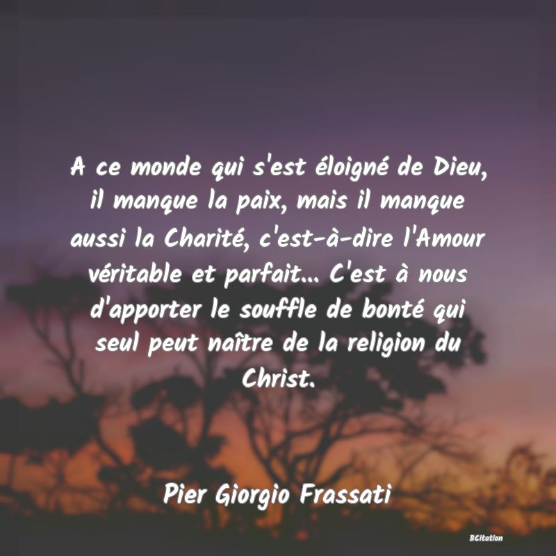 image de citation: A ce monde qui s'est éloigné de Dieu, il manque la paix, mais il manque aussi la Charité, c'est-à-dire l'Amour véritable et parfait... C'est à nous d'apporter le souffle de bonté qui seul peut naître de la religion du Christ.