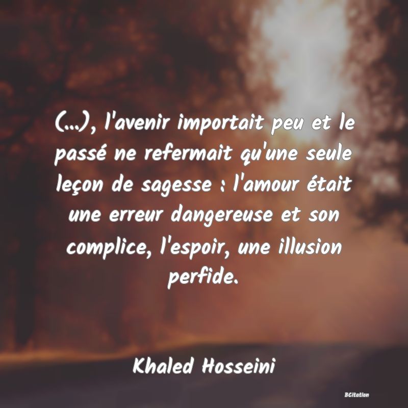 image de citation: (...), l'avenir importait peu et le passé ne refermait qu'une seule leçon de sagesse : l'amour était une erreur dangereuse et son complice, l'espoir, une illusion perfide.