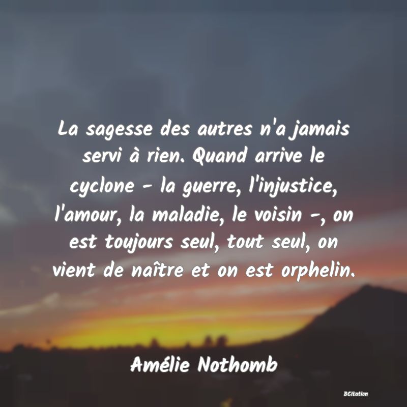 image de citation: La sagesse des autres n'a jamais servi à rien. Quand arrive le cyclone - la guerre, l'injustice, l'amour, la maladie, le voisin -, on est toujours seul, tout seul, on vient de naître et on est orphelin.